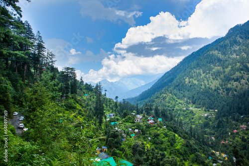Aerial landscape of local homes in the , mountain village of Jibhi Himachal Pradesh, India.