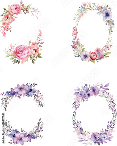 Set of watercolor oval flower frame illustrations, template wedding invitation card 