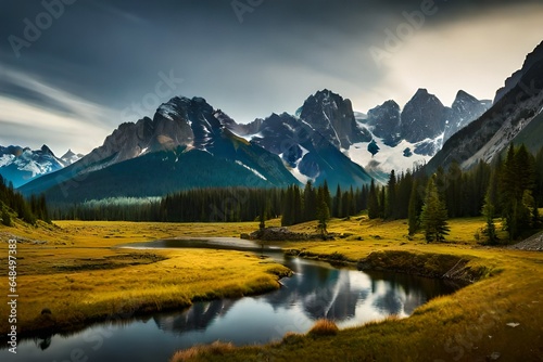 Panorama of a rocky mountain meadow with larch trees and mountain range in the background- British Columbia, Canada 3d render