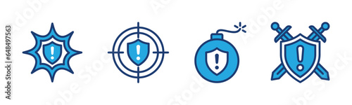 Cyber security attack icons. Cyber crime icon symbol. Bomb, sword, aim, explosion flash effect with shield protection and exclamation mark icon symbol. Vector illustration