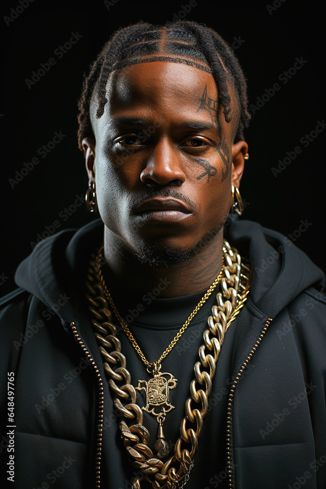 Portrait of an African American rapper with gold chains around his neck. - obrazy, fototapety, plakaty 