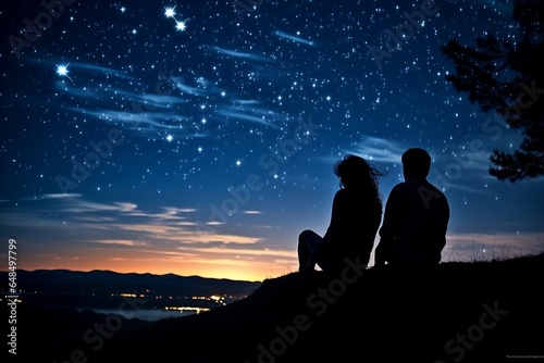 Silhouettes of a Latin couple perch atop a hill, gazing at shooting stars and the Milky Way in the night sky. 
