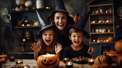 Halloween costume, Family preparing for Halloween, Mother with daughter in creative carnival costumes ready for Halloween party.