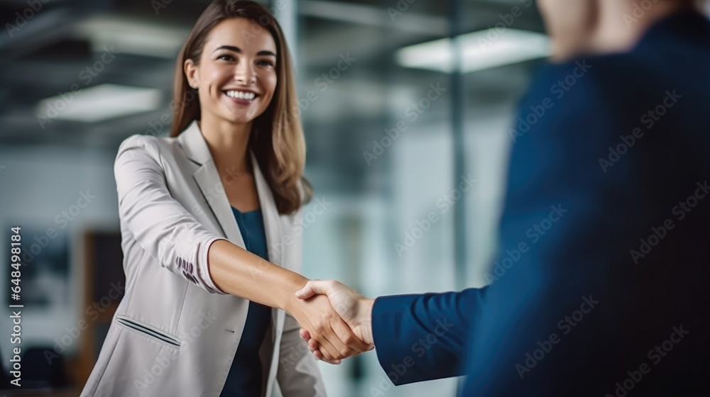 © visoot - Happy female executive shaking hand with partner after making successful deal at meeting table. © visoot - Happy female executive shaking hand with partner after making successful deal at meeting table.