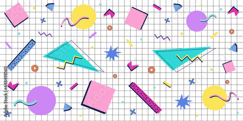 Retro 90s abstract geometric background with grid. Memphis style elements. Vector illustration.