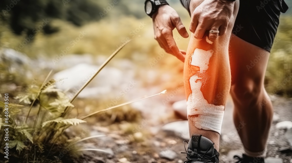 Runner Knee pain in the woods on trail with muscle strain and emergency