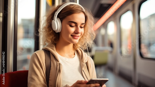 Female Using Phone And Listen Music While Sitting In Tram.