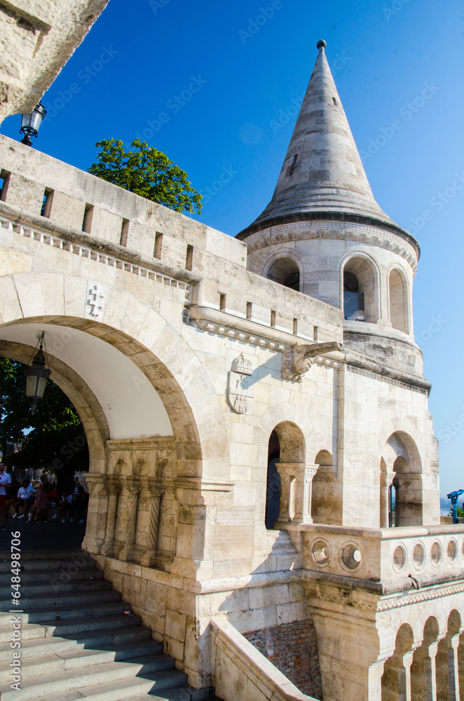 Budapest, Hungary, August 15, 2023. Fisherman Bastion Tower with blue sky.