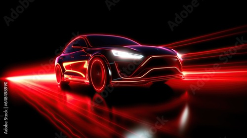 Red neon glowing in the dark electric car on high speed running concept © Beny