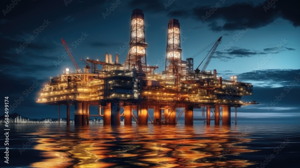 Oil and Gas Drilling Rig over Offshore Platform, Offshore oil rig at night.