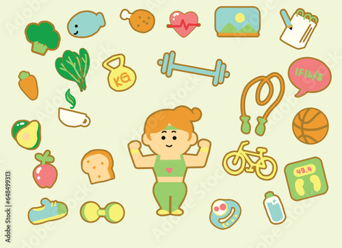Digital Art Icon Set, Healthy Life Style cartoon, flat color style.