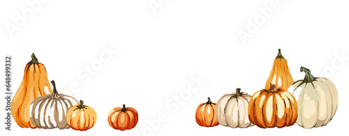 Autumn background with orange, yellow and white pumpkins with place for text in center