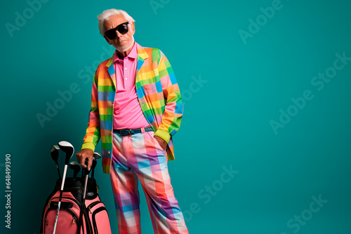 happy and extravagant old golf player man in his 80s holding a golf club