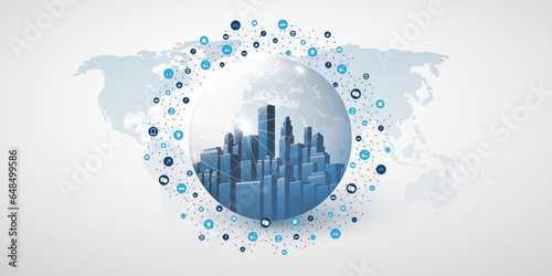 Futuristic Smart City, Cloud Computing Design Concept with Polygonal Mesh, Cluster, Nodes, Icons - Global Digital Network Connections Between Devices - Technology Vector Background