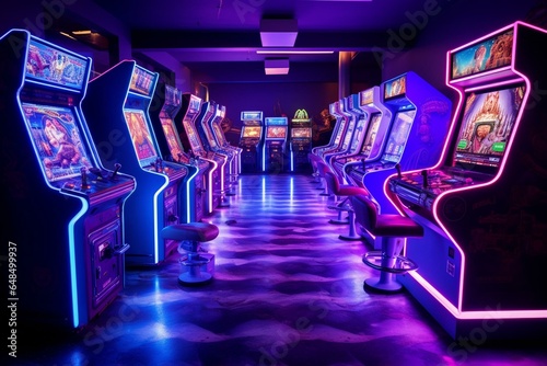 Stunning arcade machine illuminated with neon lights and captivating visual effects. Next-level gaming innovation. Generative AI