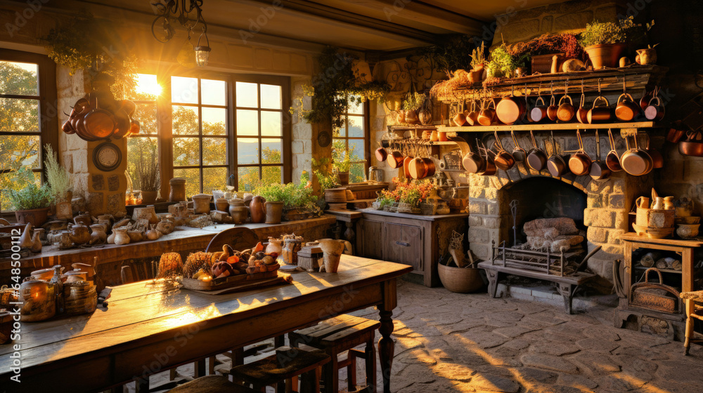 twilight serenade: an evocative imagery of a french rustic kitchen bathed in the soft, muted glow of the setting sun, encapsulating provincial charm. Ai Generated
