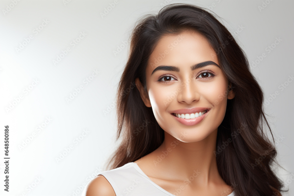 a beautiful young Asian Indian model woman smiling with clean teeth. used for a dental ad. isolated on white background a beautiful young Asian Indian model woman smiling with clean teeth. used for a dental ad. isolated on white background