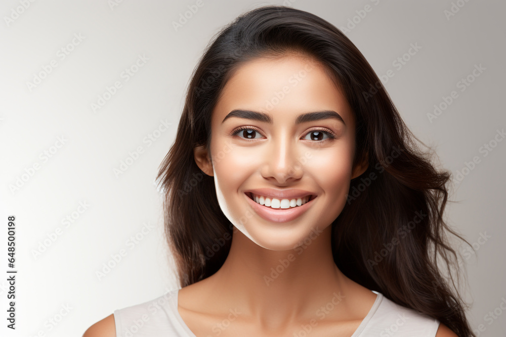 a beautiful young Asian Indian model woman smiling with clean teeth. used for a dental ad. isolated on white background a beautiful young Asian Indian model woman smiling with clean teeth. used for a dental ad. isolated on white background