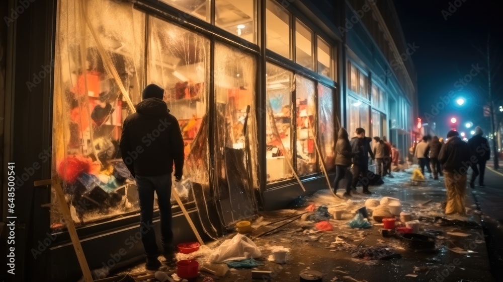 Riots, People smash shop windows with firebombs with pogroms and riots in night city.