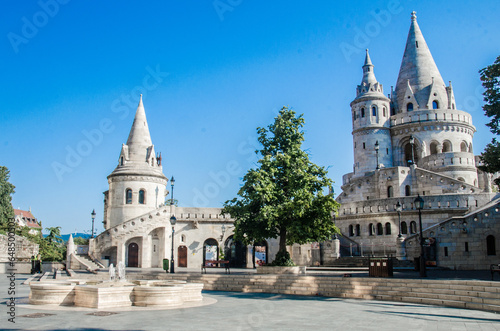 Budapest, Hungary, August 15, 2023. Old Square with towers and fountain in Fisherman Bastion, Budapest.