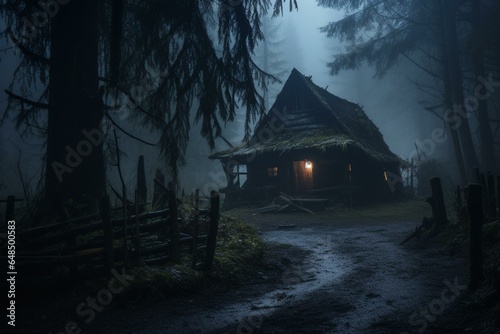 a creepy cabin in a foggy forest at night during a storm. a haunted wooden shack. Generative AI