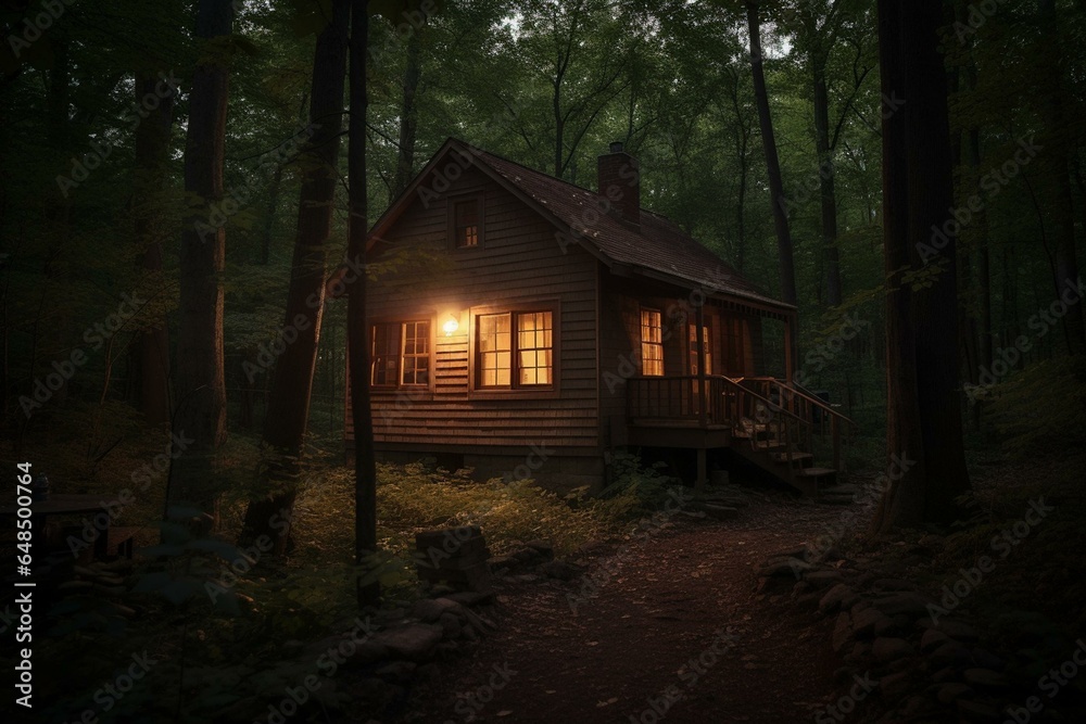 a private cabin in the dark woods at dusk. Generative AI