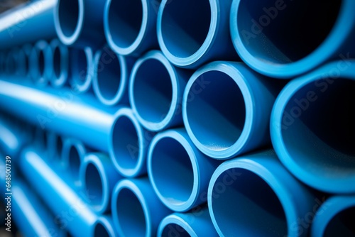 Close-up of stacked water pipes in blue color. Generative AI