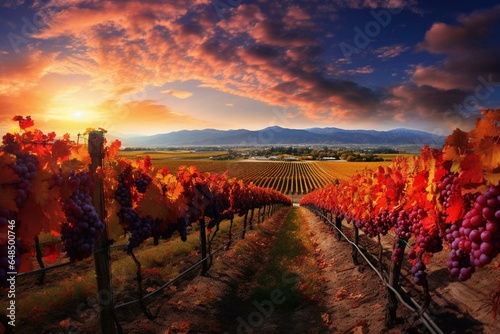 Experience the stunning autumn vineyard landscape in wide-angle view. Generative AI