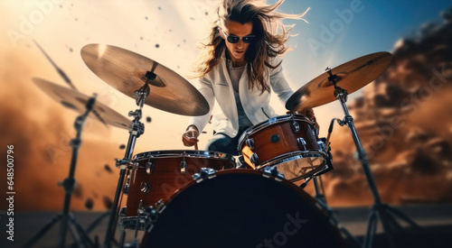 Drummer rocking in rock concert, Enthusiastic playing.