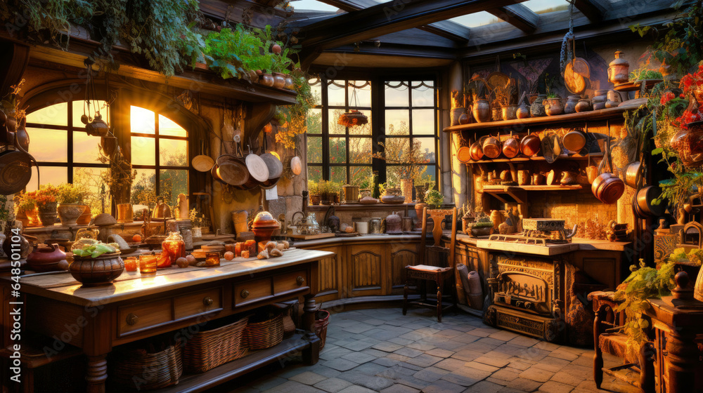 twilight serenade: an evocative imagery of a french rustic kitchen bathed in the soft, muted glow of the setting sun, encapsulating provincial charm. Ai Generated - obrazy, fototapety, plakaty 