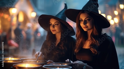 Two woman witches crafting magic potions in their cauldrons at Halloween festival, Halloween concept.