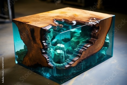 Crafting table with resin and wood; epoxy poured into mold with wooden blanks. Generative AI photo