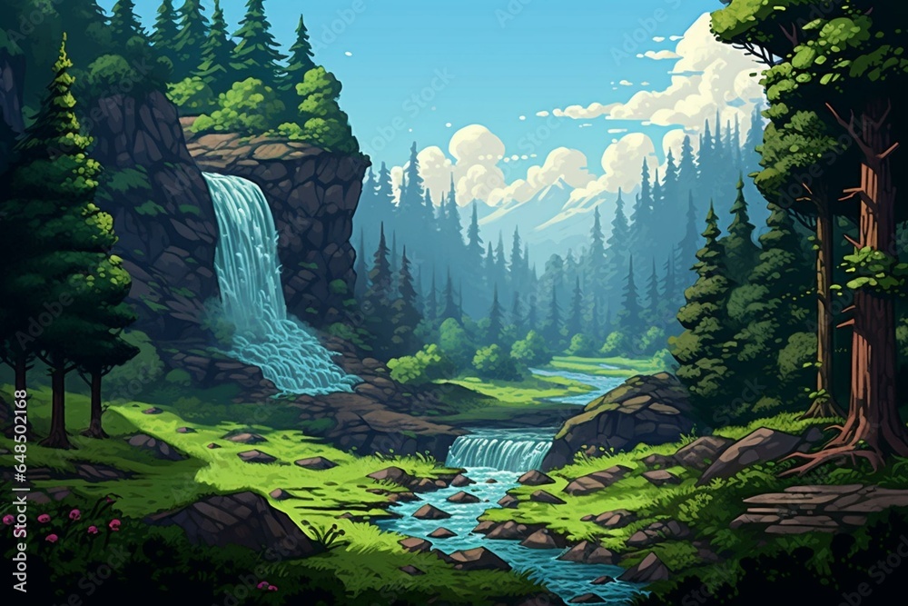 Retro pixel art landscape featuring a forest waterfall for an 8-bit ...