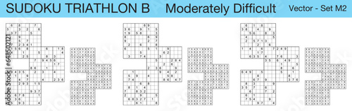 A set of 3 moderately difficult scalable sudoku triathlon B puzzles suitable for kids, adults and seniors and ready for web use, or to be compiled into a standard or large print activity book.