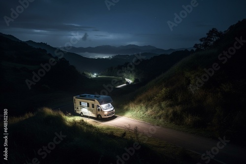 Nighttime view of a motorhome parked by the road amidst hills and nature. Generative AI © Endellion