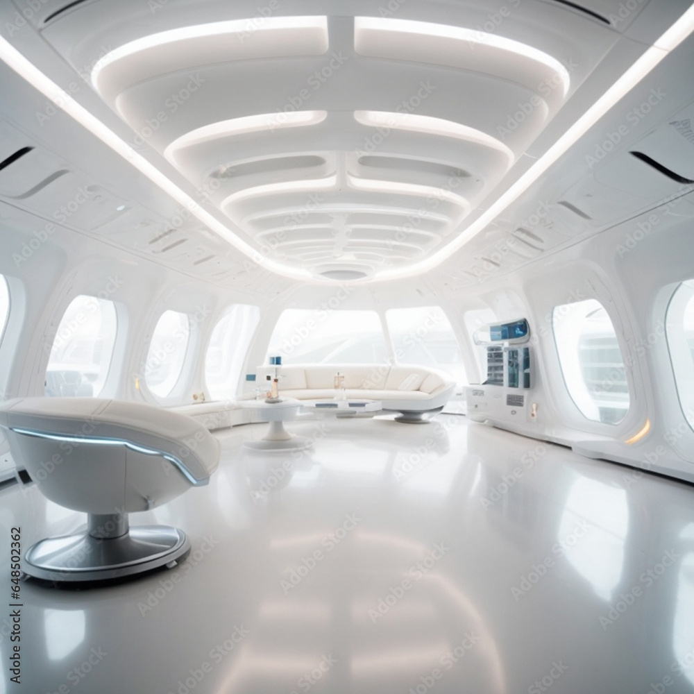 Futuristic interior design in white tones. Technologies of the future made of plastic. 3D illustration Futuristic interior design in white tones. Technologies of the future made of plastic. 3D illustration