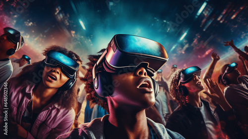 People wearing VR headsets and experiencing a virtual reality concert or live performance, showcasing the immersive entertainment possibilities