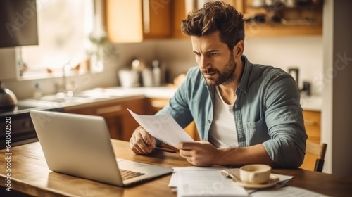 Worried young man going over his bills and home finances.