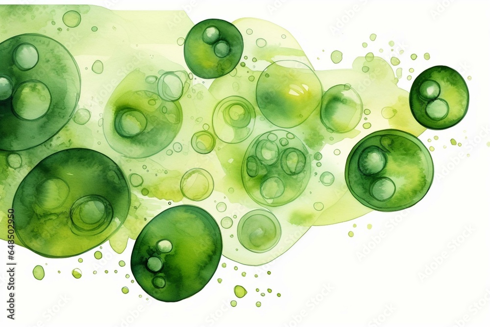 Watercolor illustration of unicellular green algae chlorella spirulina