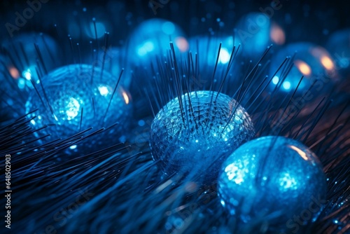Abstract microworld of blue fiber optics. Generative AI photo