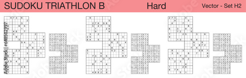 A set of 3 hard scalable sudoku triathlon B puzzles suitable for kids, adults and seniors and ready for web use, or to be compiled into a standard or large print activity book.