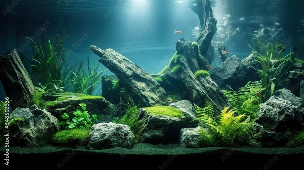 Beautiful green aquascape with live aquarium plants and fish - obrazy, fototapety, plakaty 