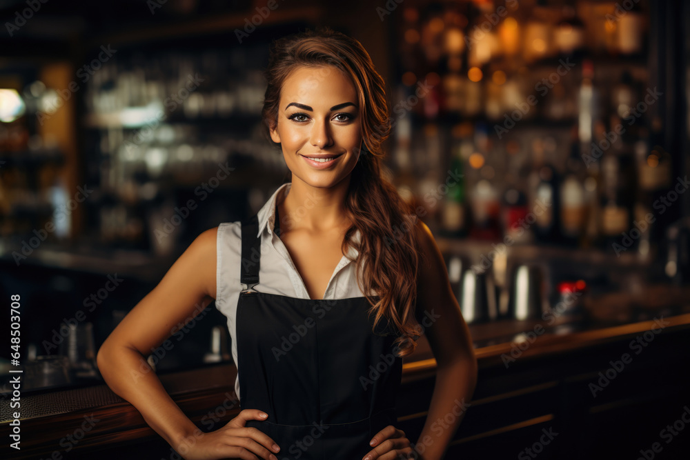 Beautiful Young European Woman Bartender . Сoncept Socialising As A Young European, The Life Of A Female Bartender, Trends In Europes Bar Culture, Being A Young Professional In The Service Industry