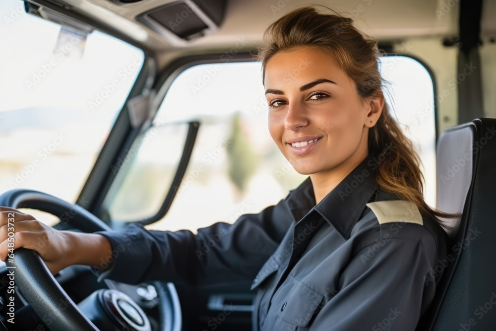 Beautiful Young European Woman Bus Driver. Сoncept Challenging Gender Roles, Young Female Entrepreneurs, Community Impact Of Public Transportation, Modern European Lifestyles