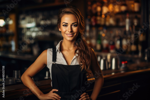 Beautiful Young European Woman Bartender . Сoncept Socialising As A Young European, The Life Of A Female Bartender, Trends In Europes Bar Culture, Being A Young Professional In The Service Industry
