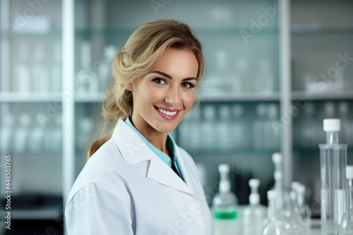 Beautiful Young European Woman Chemist. Сoncept Innovative Solutions For Sustainable Chemistry, Role Models, Young Women In Science Careers, Stem Mentorship For Young Women photo