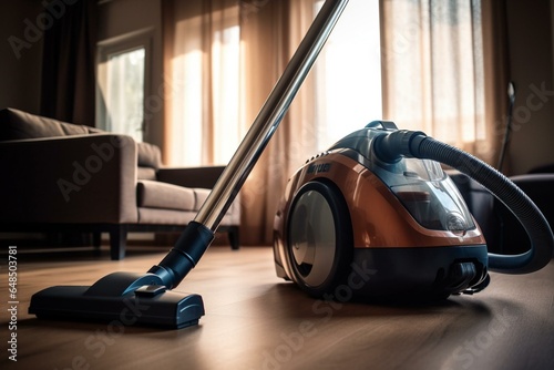 Closer view of a vacuum cleaner in a living room. Generative AI