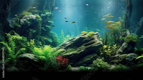 Beautiful green aquascape with live aquarium plants and fish © Beny