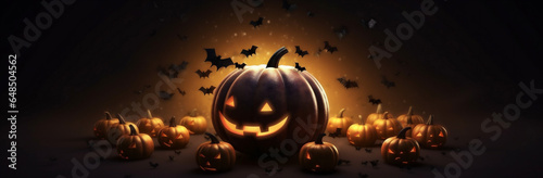 background pumpkin halloween table bat blue mystery dark horror fear night. Generative AI.