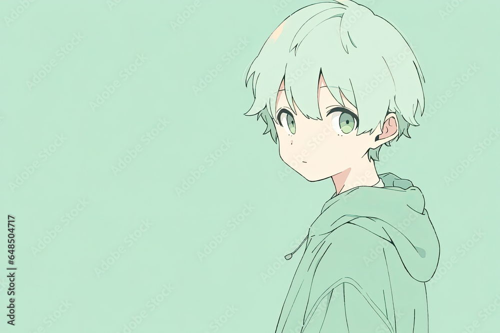 Anime Boy On Pale Green Color Background